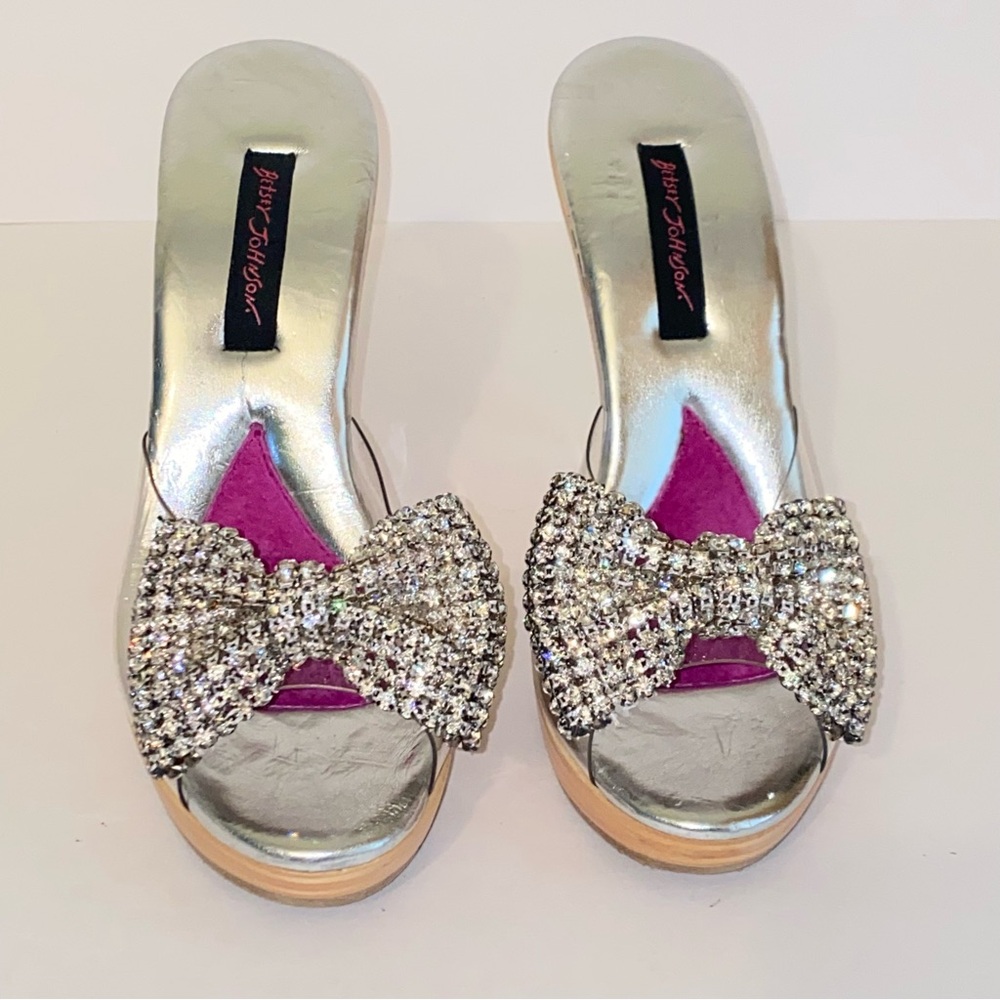 Vintage Betsey Johnson Polly Mules Rhinestone Bow Wood Heel Pin Up - Picture 3 of 14